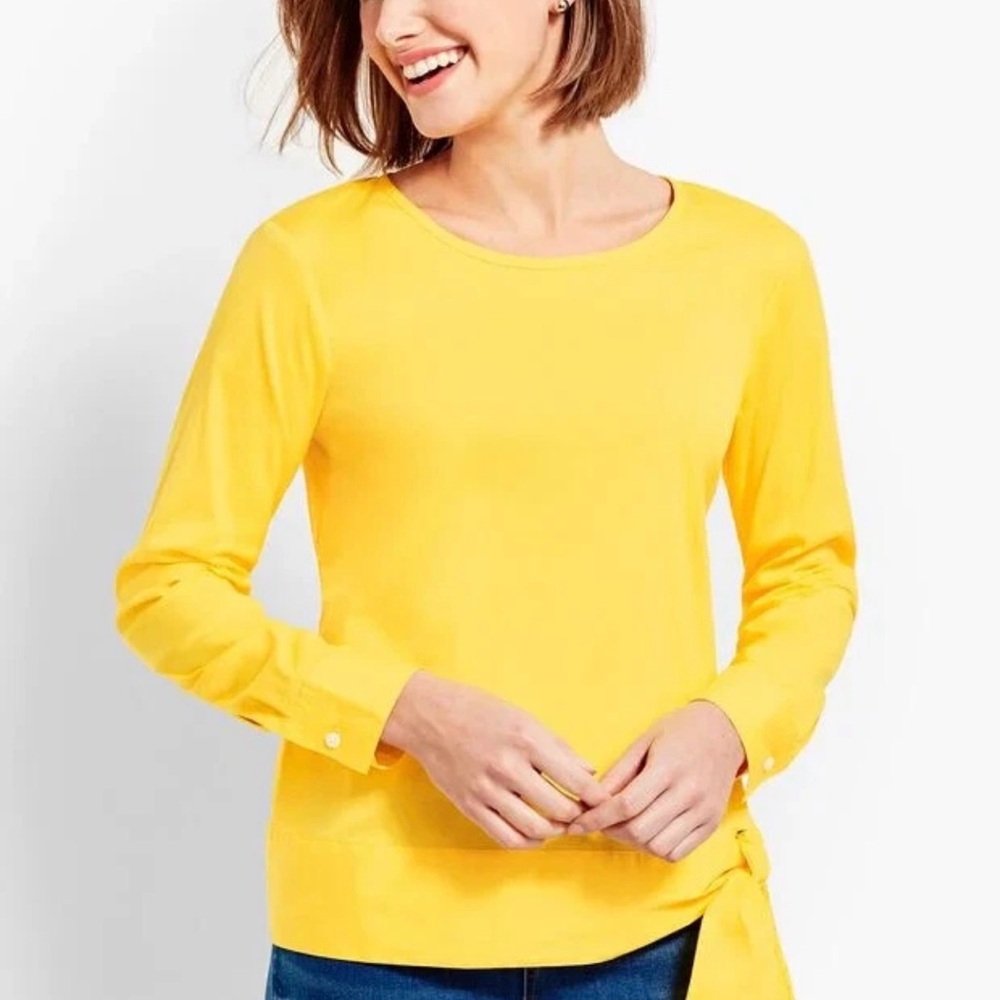 Talbots Bright Yellow Poplin Blouse with Side Tie Size M